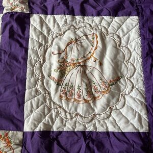 Vintage Embroidered Quilt  Patchwork Umbrella Girl 83x63”Purple Machine Quilted